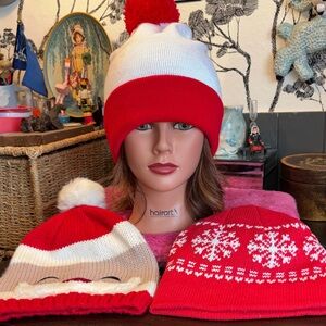 SET OF 3 Holiday Christmas Red and White Knit beanies.